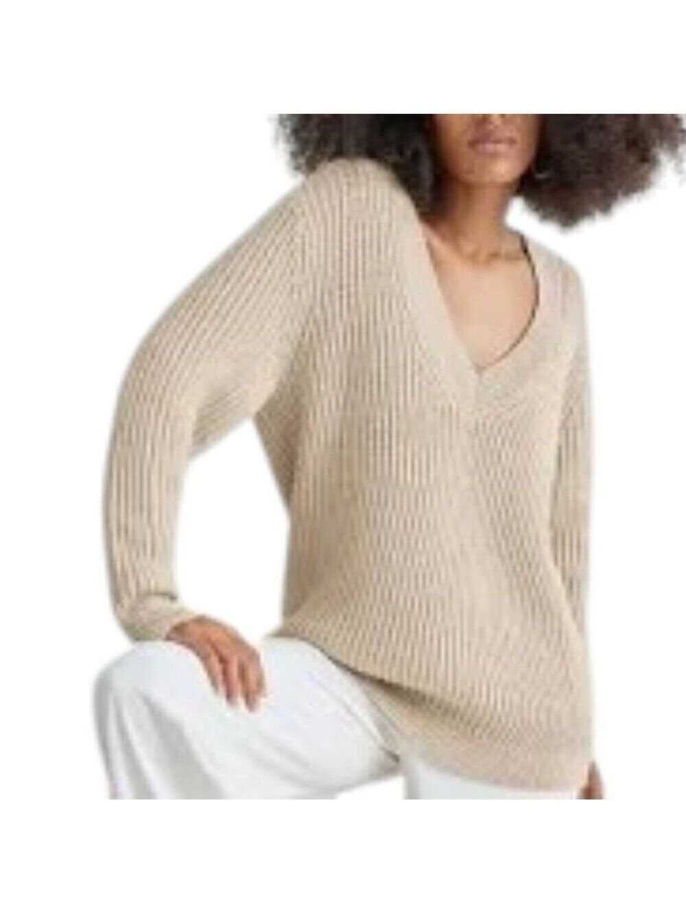 Aritzia Babaton Cream Roger V-neck Ribbed Sweater 100% Merino Wool Size L